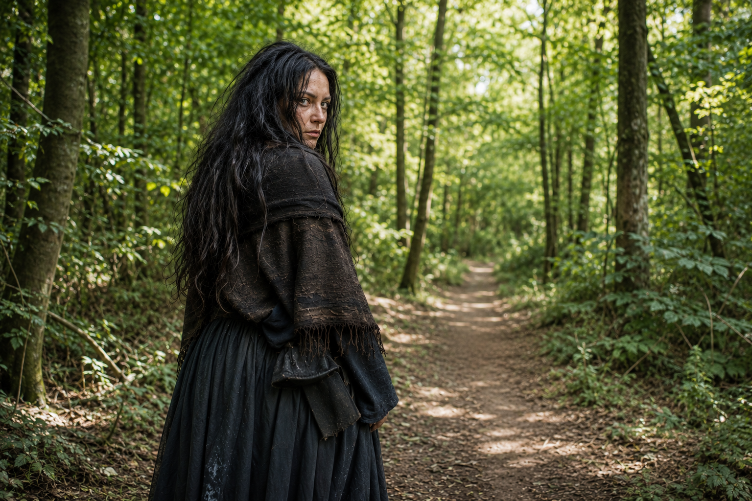 mysterieuze vrouw in het bos zwarte kaat heksenjacht bladel