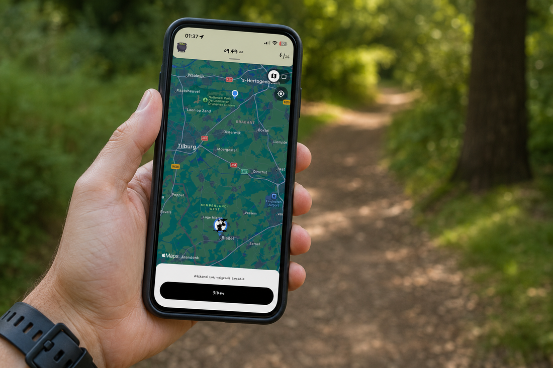Hand houdt smartphone met de Heksenjacht Bladel GPS-kaart open tijdens een wandelroute door het bos in de Brabantse Kempen