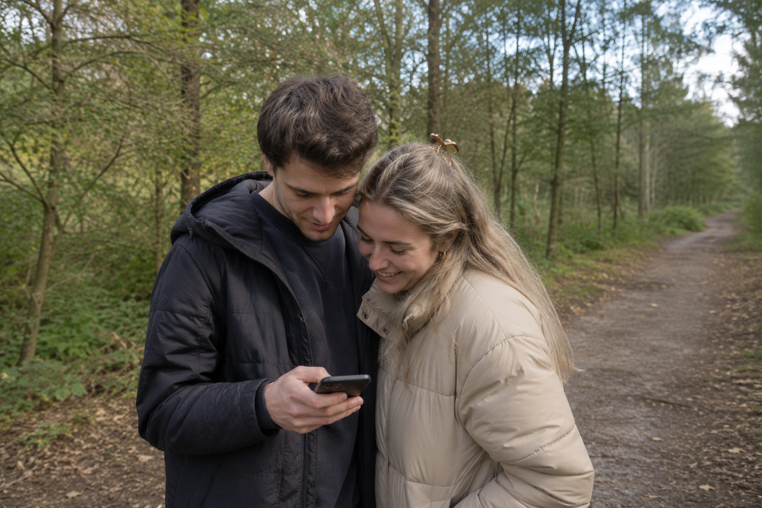 Jong koppel speelt samen Heksenjacht Bladel tijdens een romantisch uitje in de Brabantse Kempen en bekijkt samen de GPS-speurtocht op hun smartphone in het bos