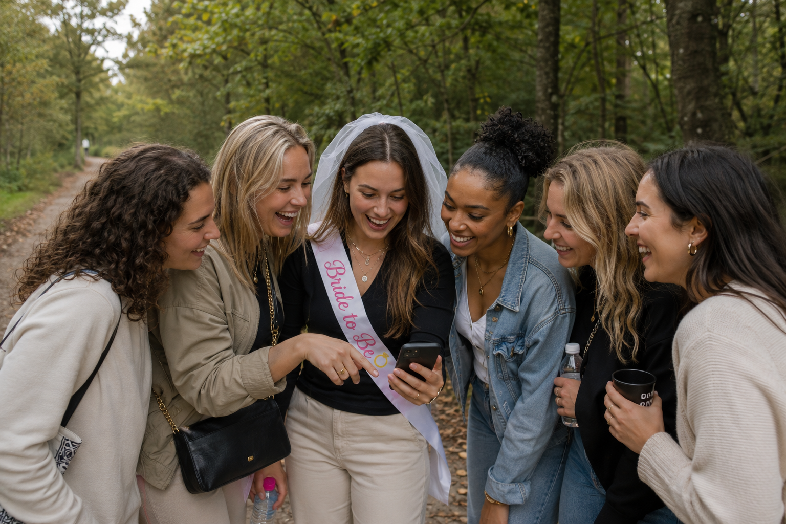 Diverse vriendinnengroep viert een vrijgezellenfeest tijdens Heksenjacht Bladel en bekijkt lachend samen de GPS-speurtocht op een smartphone in de Brabantse Kempen