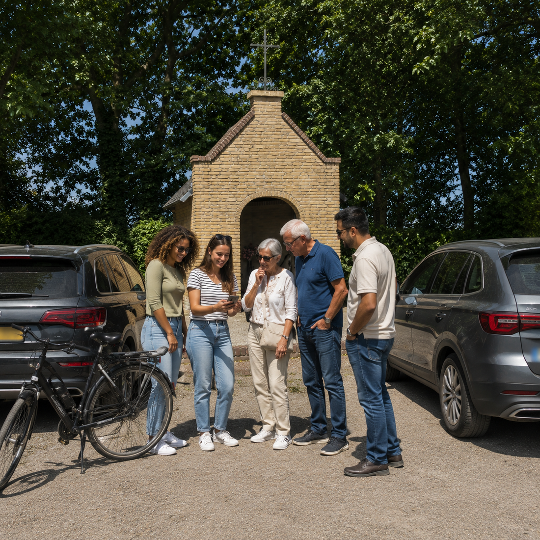 groepje mensen verzamelt om heksenjacht bladel te starten. Te voet, met de fiets of met de auto