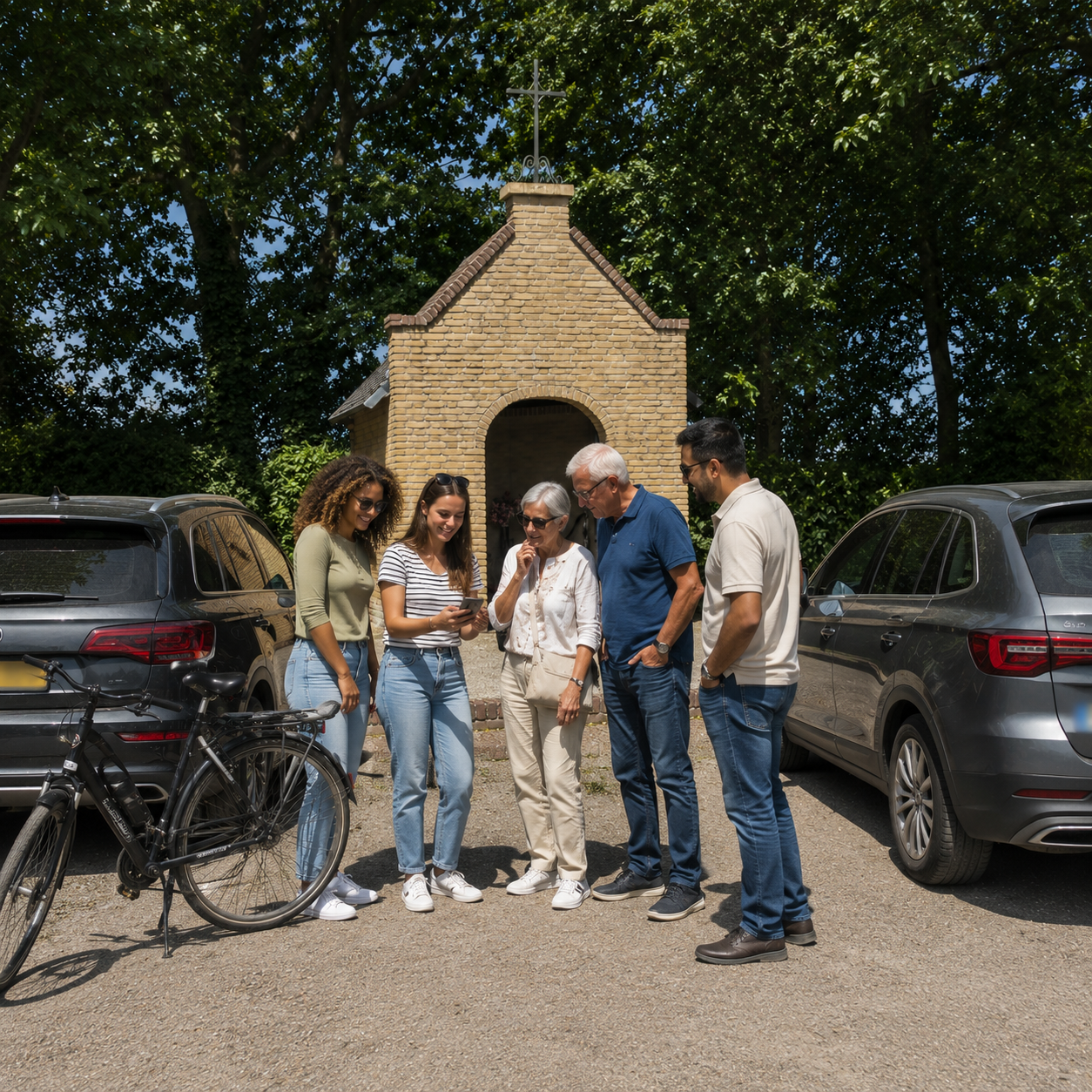 groepje mensen verzamelt om heksenjacht bladel te starten. Te voet, met de fiets of met de auto