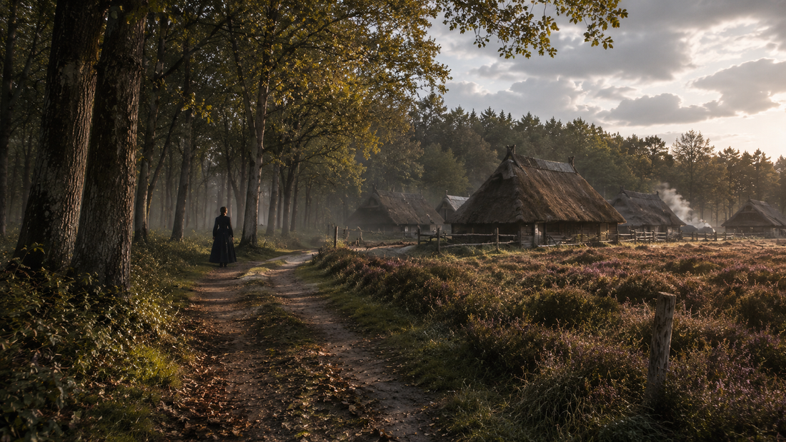 Mistig bospad in de Brabantse Kempen met heide, oude boerderijen en een mysterieuze vrouw in het zwart.
