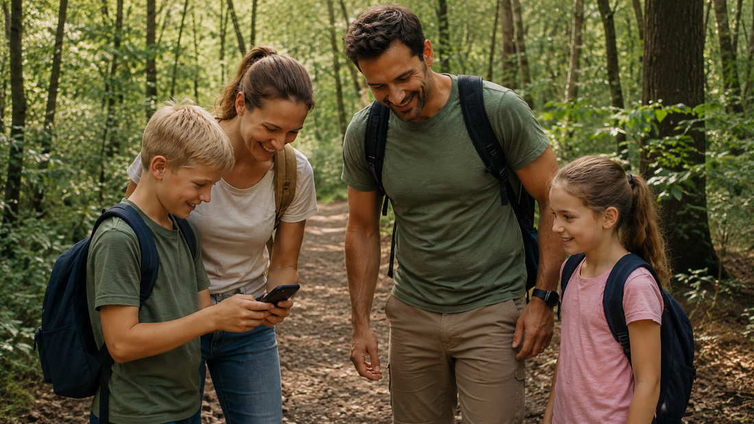 Gezin met twee kinderen wandelt door een groen bos in de Brabantse Kempen en bekijkt samen een smartphone tijdens een GPS-speurtocht.
