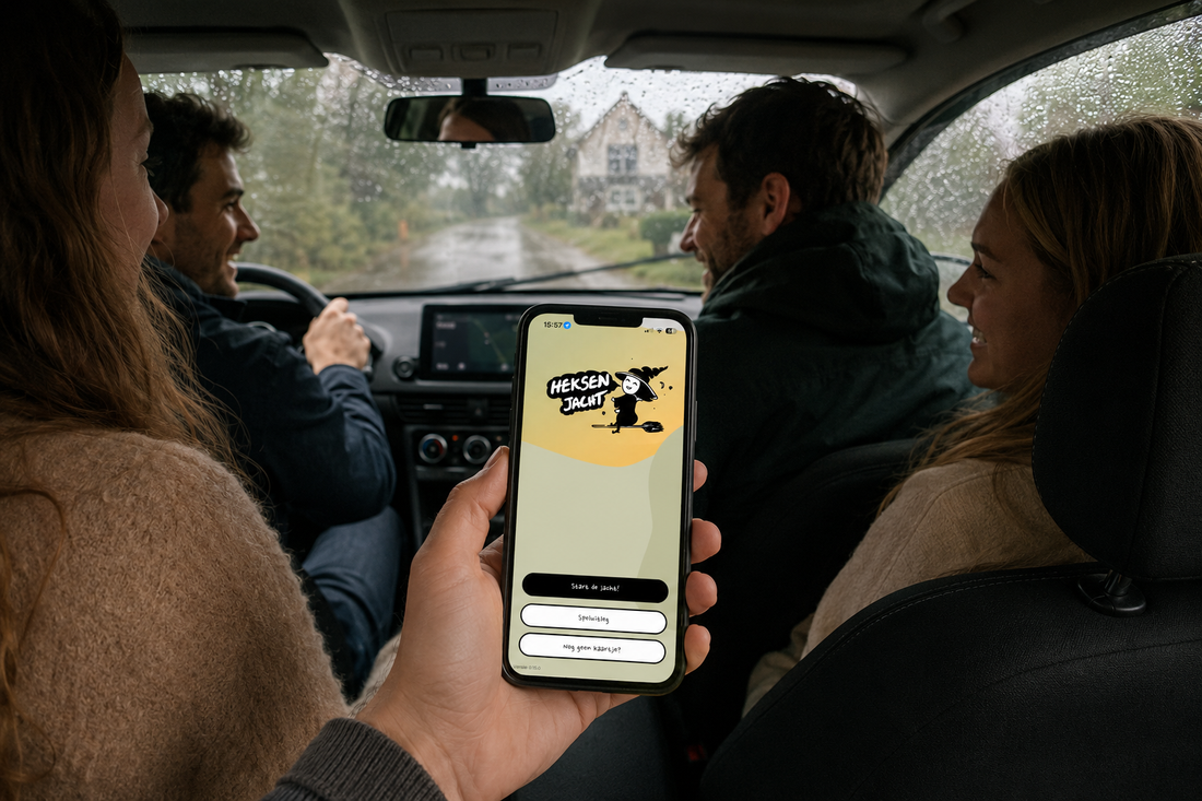 Vriendengroep speelt Heksenjacht Bladel in de auto terwijl het regent