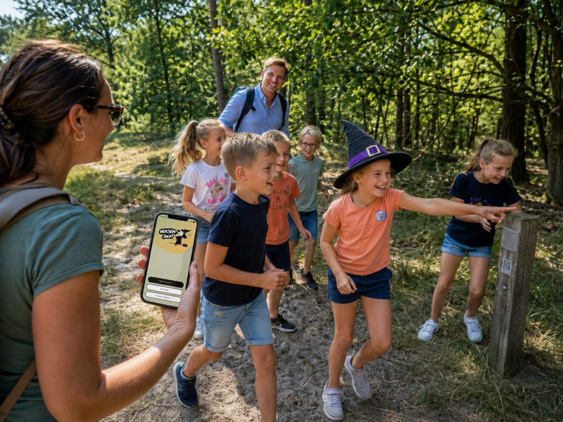 Kinderfeestje speelt Heksenjacht Bladel en hebben plezier in het bos