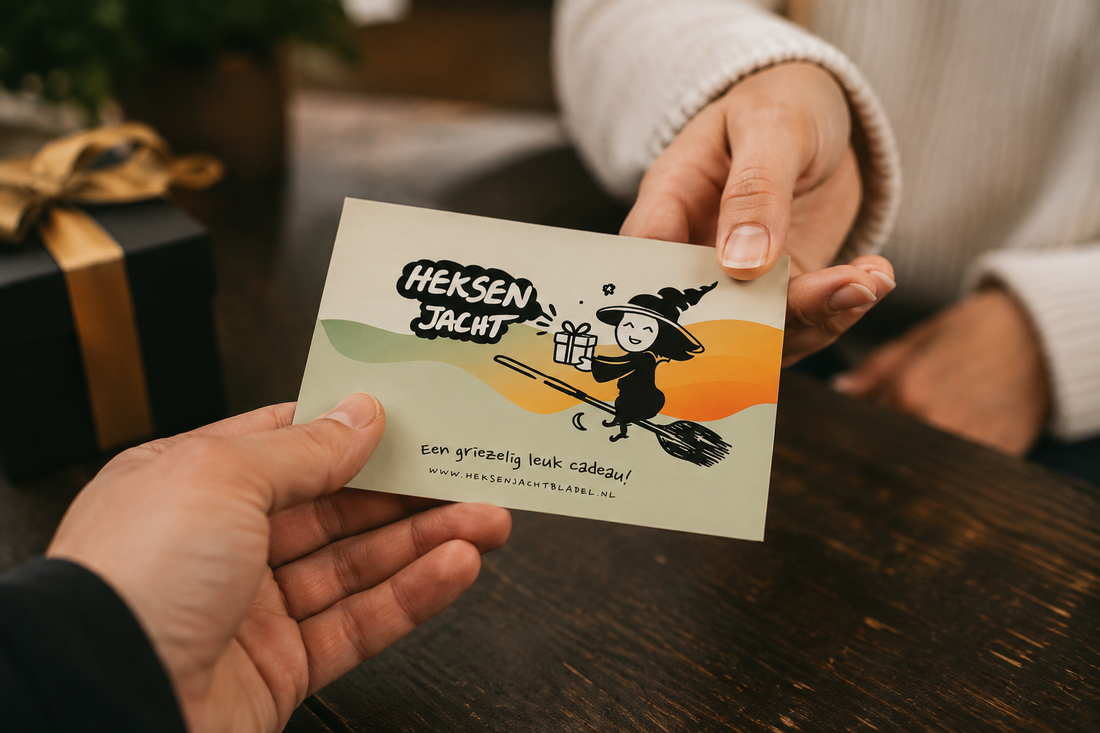 Handen geven een Heksenjacht Bladel cadeaubon met heksje en cadeau-illustratie door boven een houten tafel.