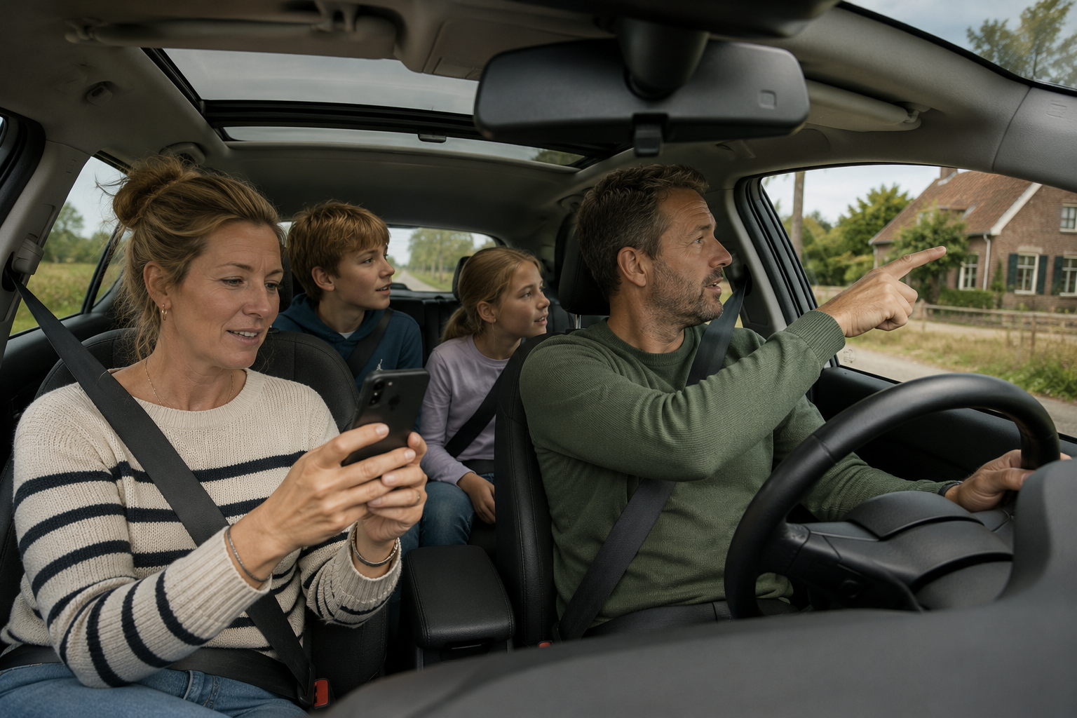 Gezin speelt Heksenjacht Bladel vanuit de auto met smartphone en speurtocht door de omgeving van Bladel