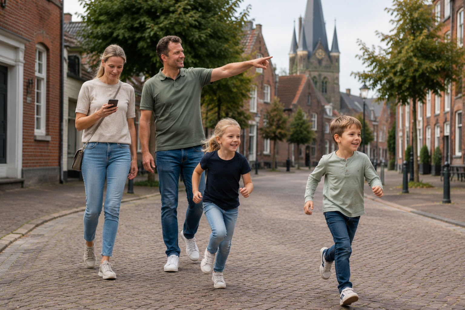 Familie met twee kinderen speelt Heksenjacht Bladel tijdens een interactieve GPS-speurtocht door het centrum van Bladel