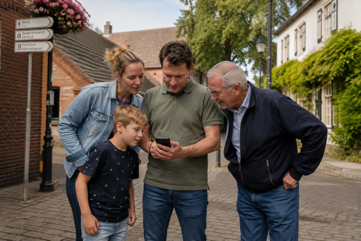 Gezin met opa, vader, moeder en kind speelt Heksenjacht Bladel en bekijkt opdrachten op smartphone in het centrum van Bladel